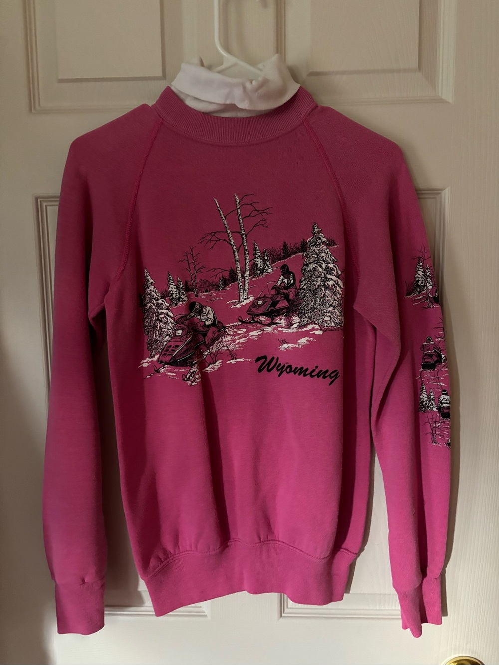 Vintage Wyoming Pink Snowmobile Graphic Sweatshirt Grandma Core